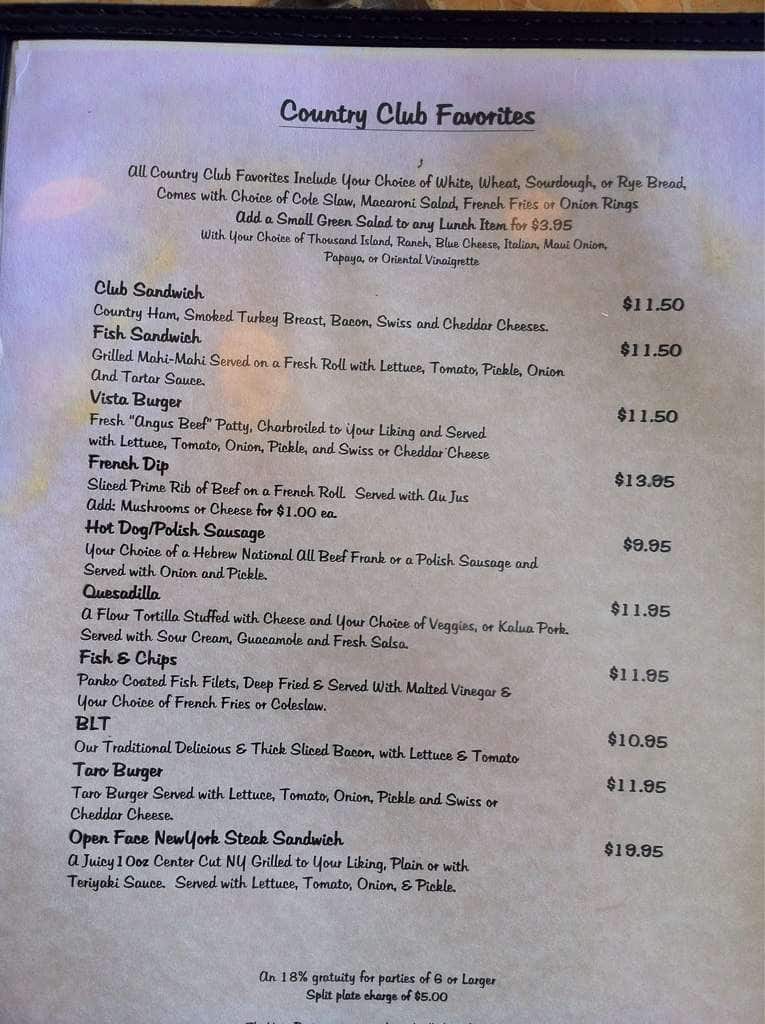 Menu at Aloha vista bar and grill, KailuaKona