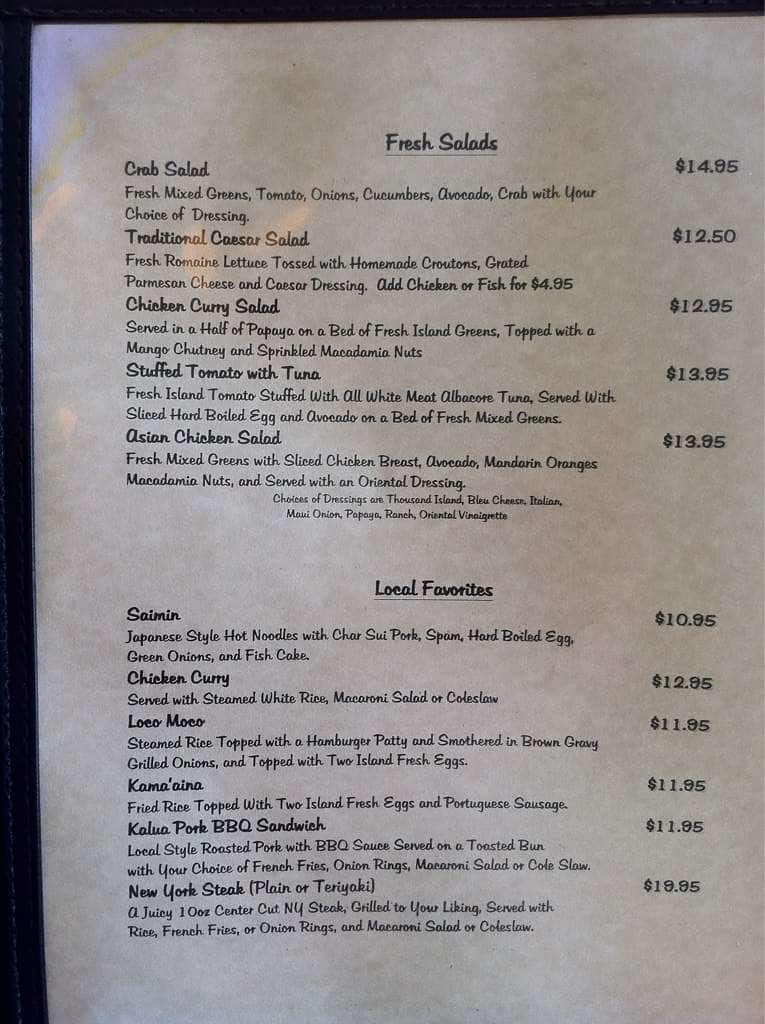 Menu at Aloha vista bar and grill, KailuaKona