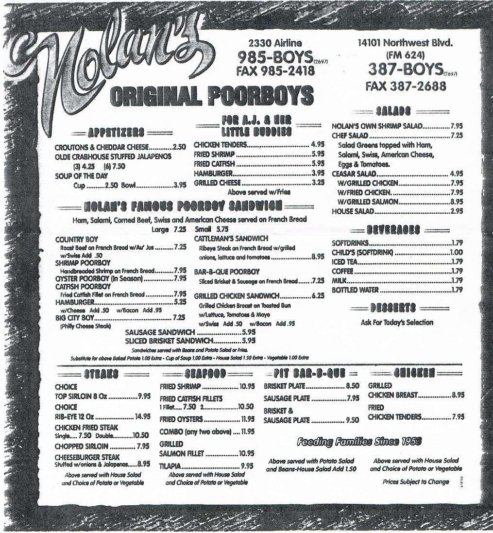 Nolan's Original Poorboys menu Urbanspoon/Zomato