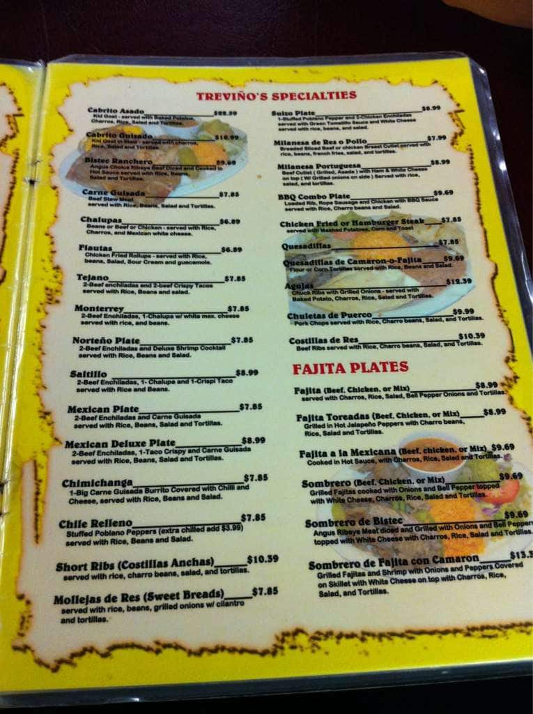 Menu at Trevino's Restaurant, Edinburg