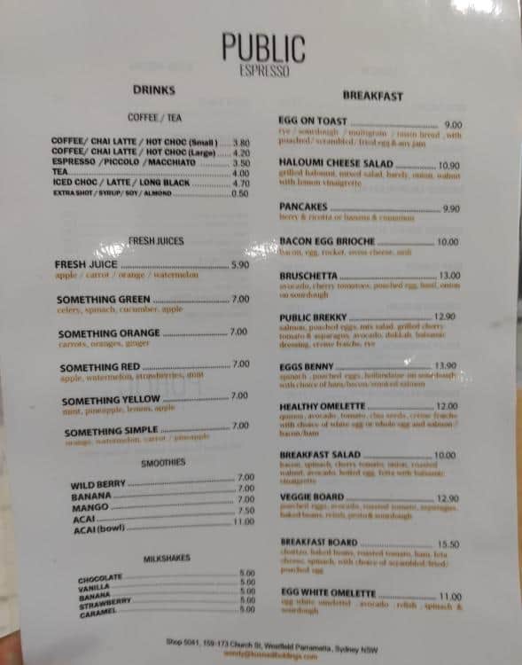 Public Espresso Menu, Menu for Public Espresso, Parramatta, Sydney