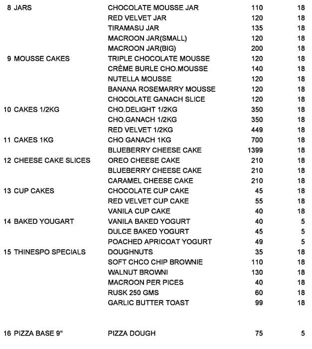 Thinespo Bakery menu