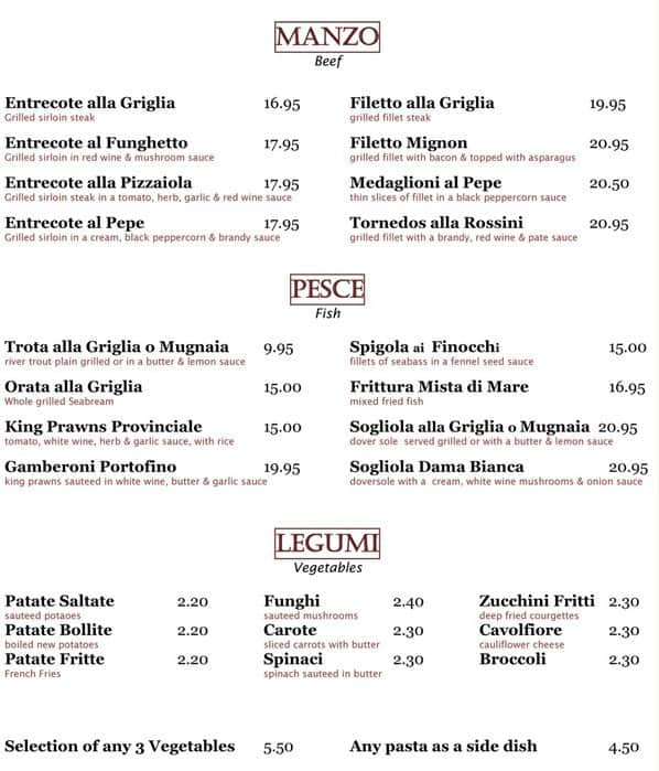 Menu at Taormina restaurant, London, 19 Craven Terrace