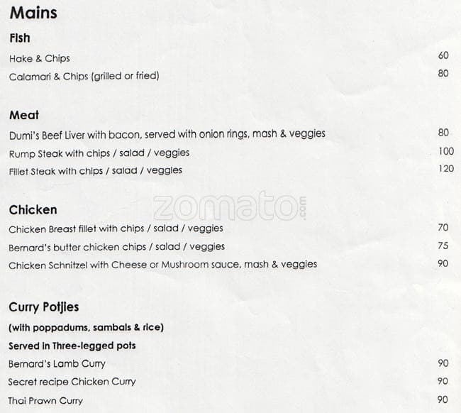 Menu at Fiddlewoods restaurant, Germiston