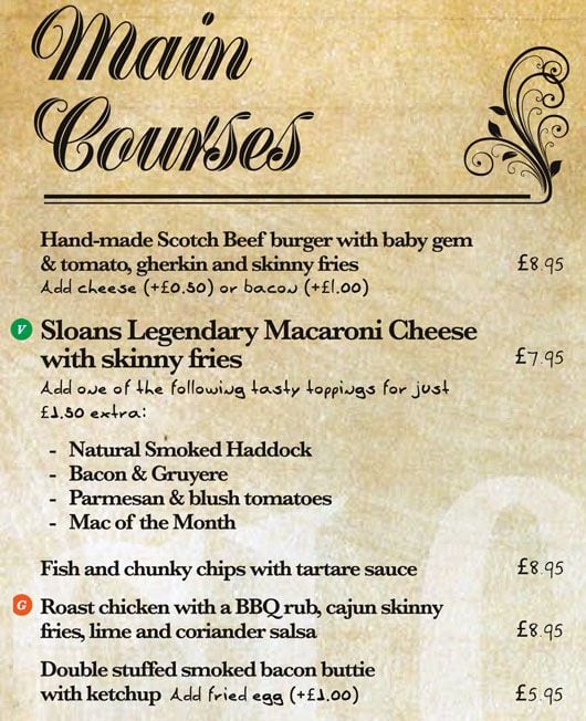 Menu at Sloans pub & bar, Glasgow