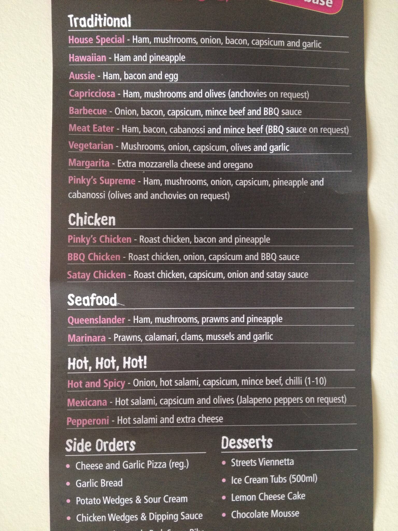 Pinkys Pizza menu, Menu restauracji Pinkys Pizza