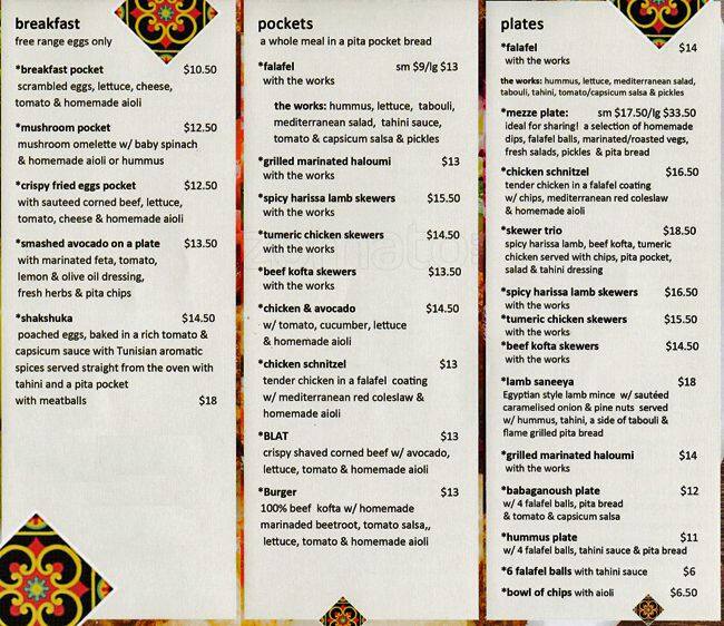 The Pocket Menu, Menu for The Pocket, Burleigh Heads, Gold Coast