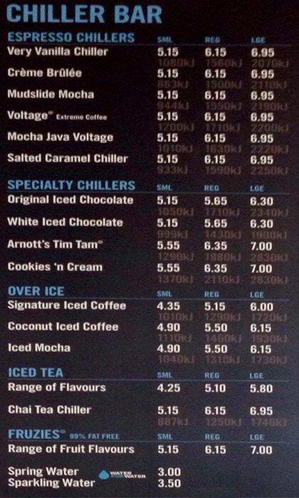 Menu at Gloria Jean's Coffee cafe, Alexandria