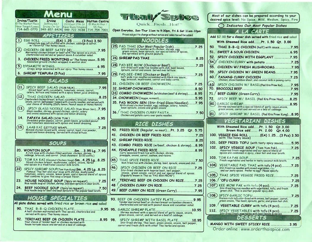 Thai Spice Menu, Menu for Thai Spice, Irvine, Orange County ...