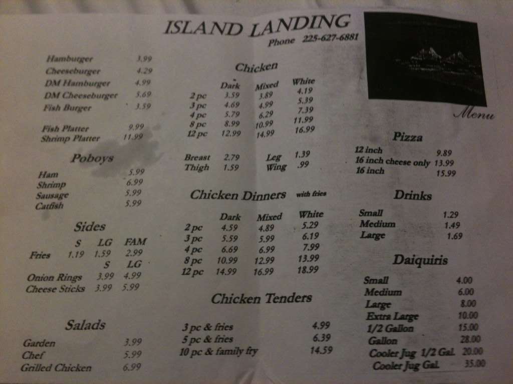 Menu at Island Landing pizzeria, Jarreau