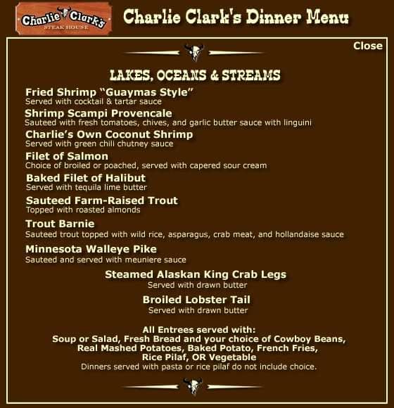 charlie clark's steakhouse menu off 72 