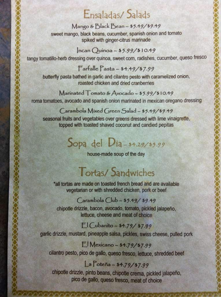 Menu at Café Carambola restaurant, Coeur d'Alene