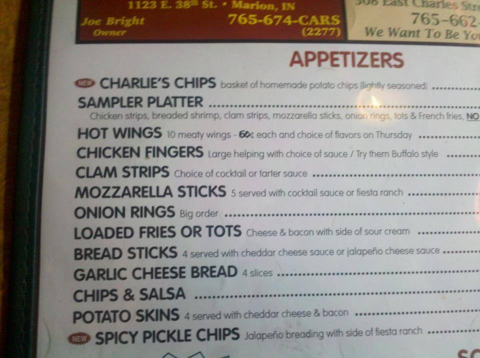 Menu at Good Time Charlies pub &amp; bar, Marion