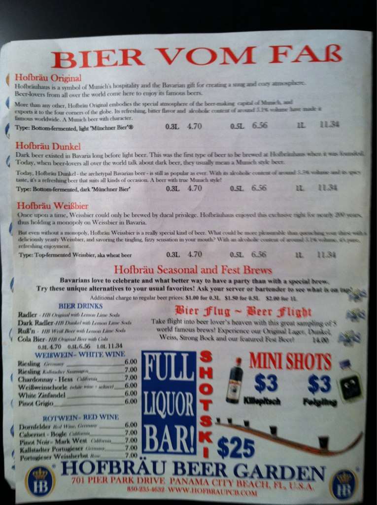 Menu at Hofbrau Beer Garden pub & bar, Panama City Beach, 701 S Pier