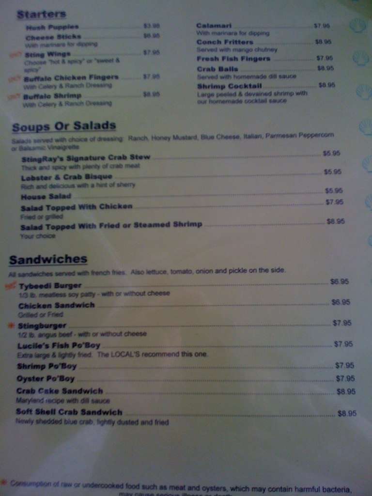 Menu at Sting Ray's Seafood pub & bar, Tybee Island
