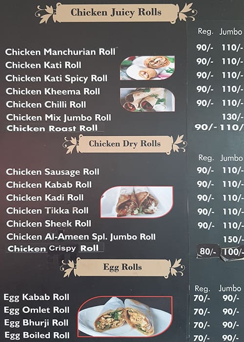 Menu of Al Ameen Rolls Corner, Kammanahalli, Bangalore