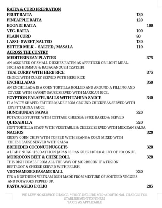 Menu of The Irish Courtyard, Ratanada, Jodhpur