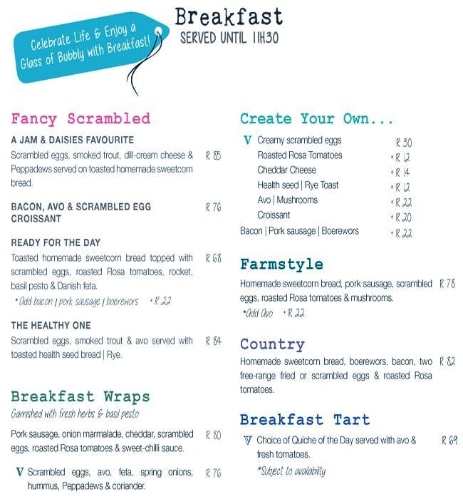 Jam & Daisies Menu, Menu for Jam & Daisies, Nieuw Muckleneuk, Pretoria