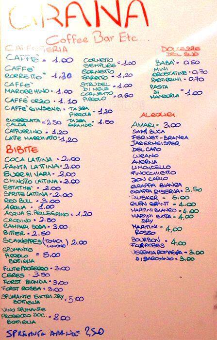 Menu di Grana Coffee Bar etc. 