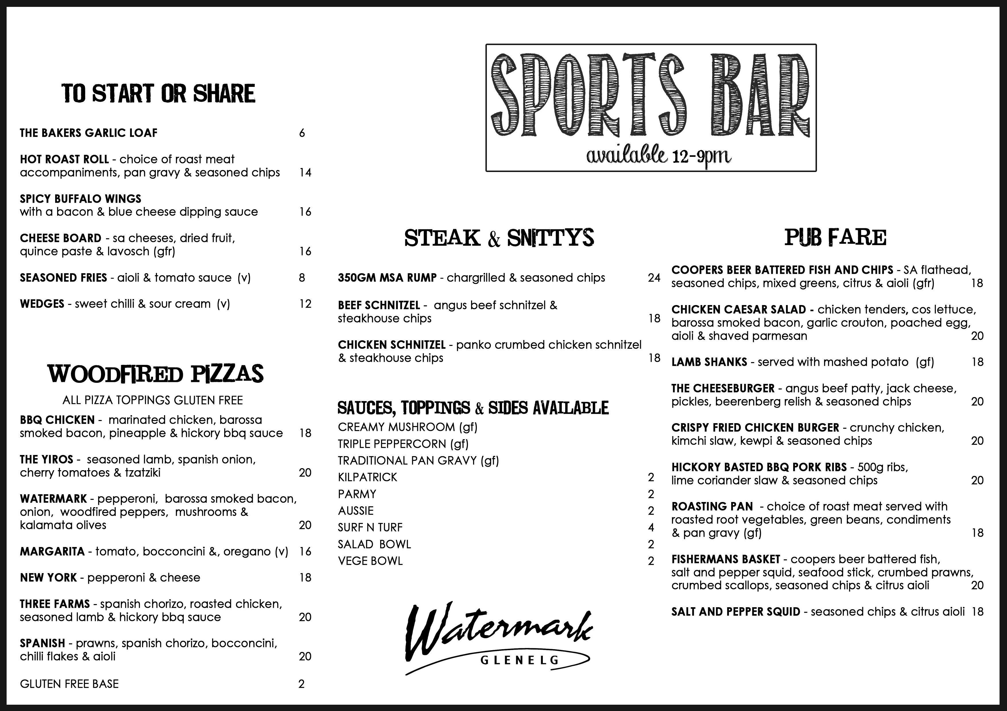 Menu at Watermark Glenelg pub & bar, Glenelg North