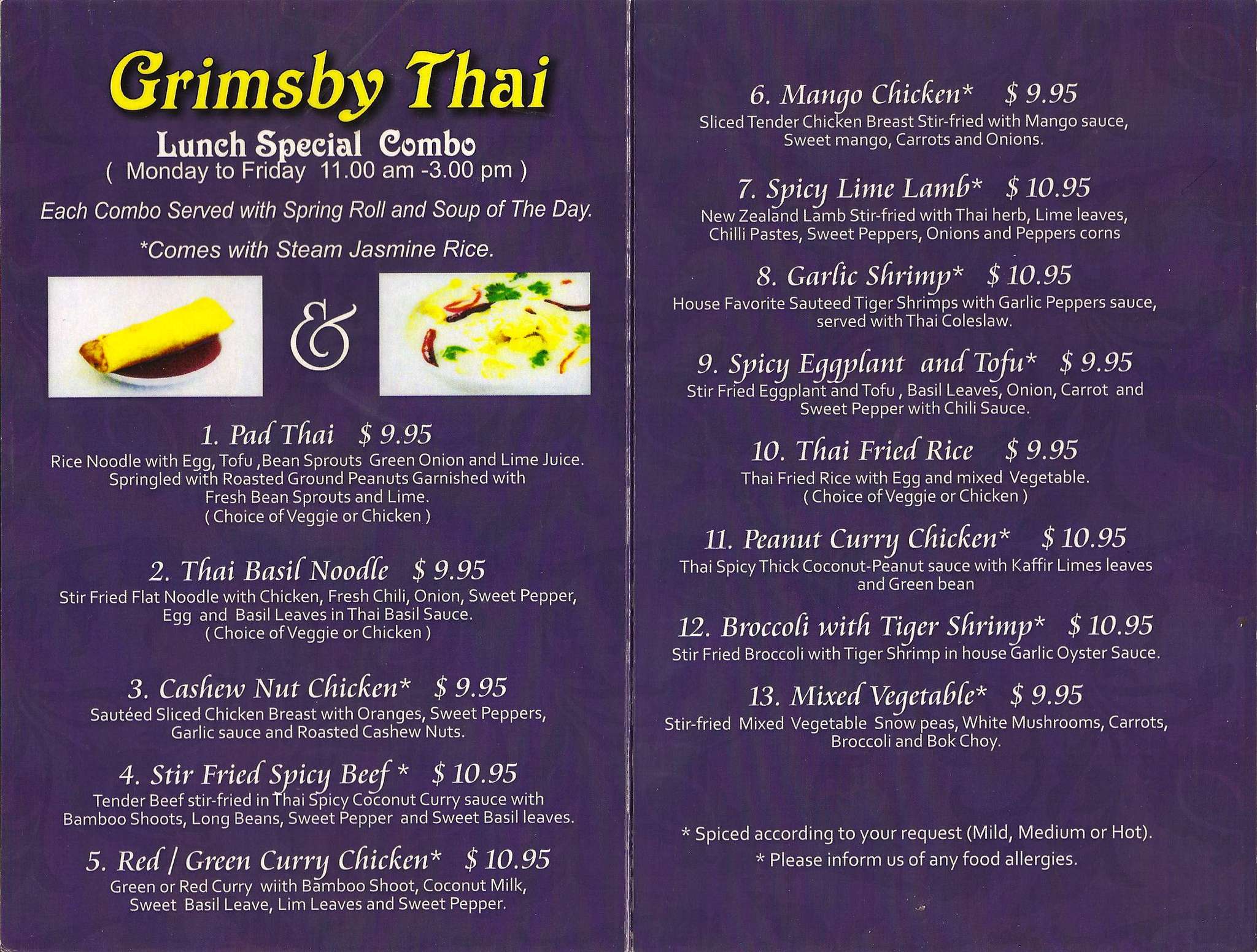 Menu at Grimsby Thai restaurant, Grimsby