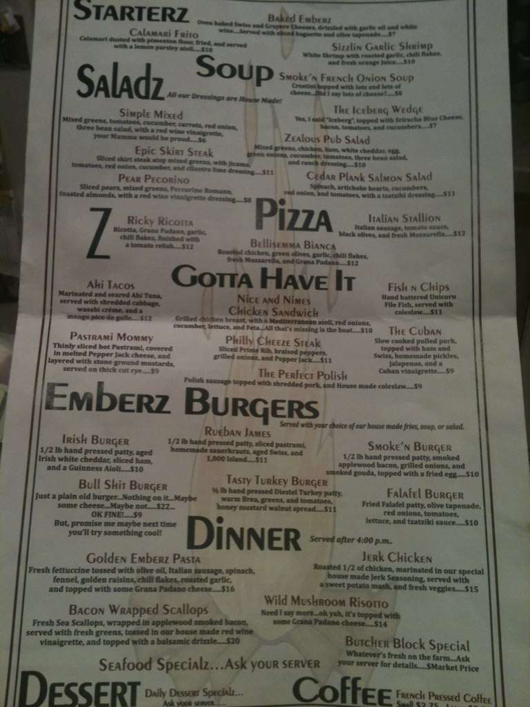 Emberz Menu, Menu for Emberz, Sonora, Sonora Urbanspoon/Zomato