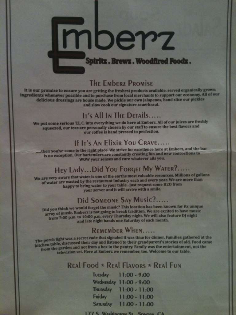 Menu at Emberz WoodFired Foodz pub & bar, Sonora