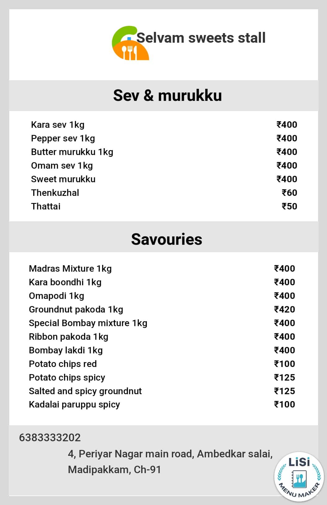 Menu of Selvam Sweets Stall, Madipakkam, Chennai