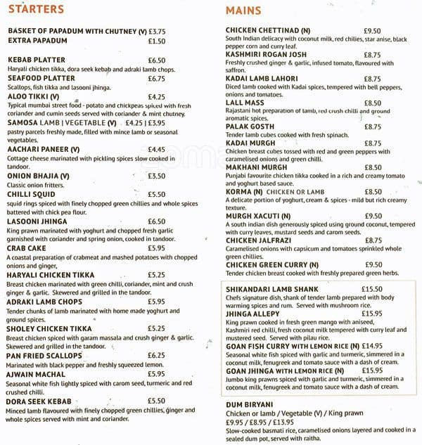 Menu at Mango Indian restaurant, London