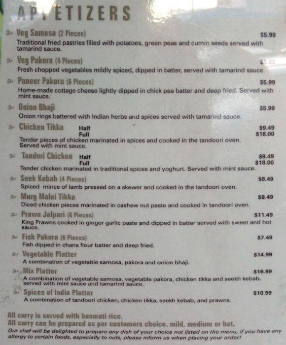 Spices of India Menü, Spices of India, Masterton, Wellington için Menü
