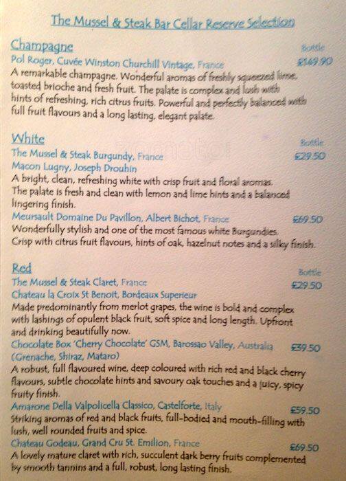 Menu at The Mussel and Steak Bar, Edinburgh, 110 W Bow