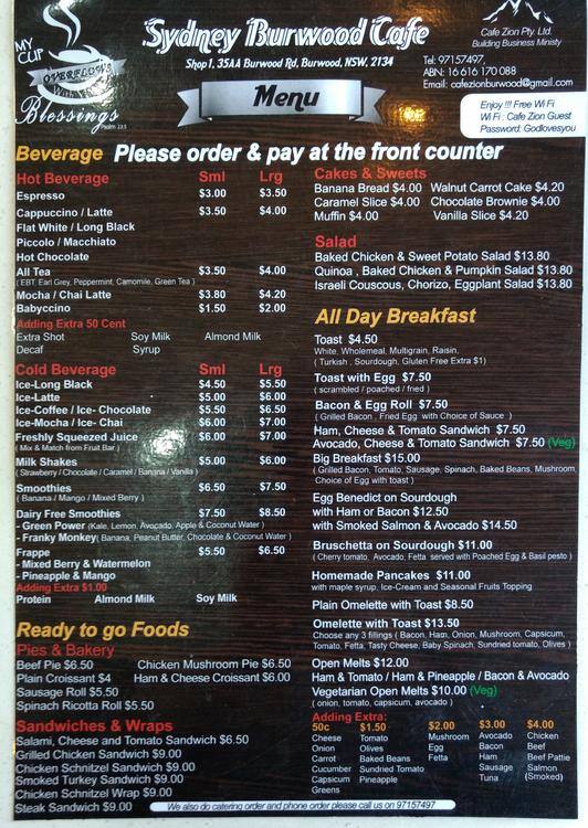 Menu at Sydney Burwood Cafe, Burwood