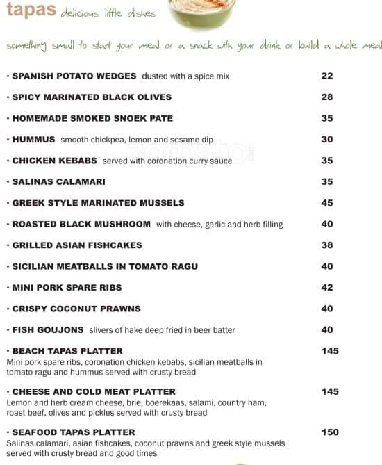 Salina's Beach Restaurant Menu Zomato SA