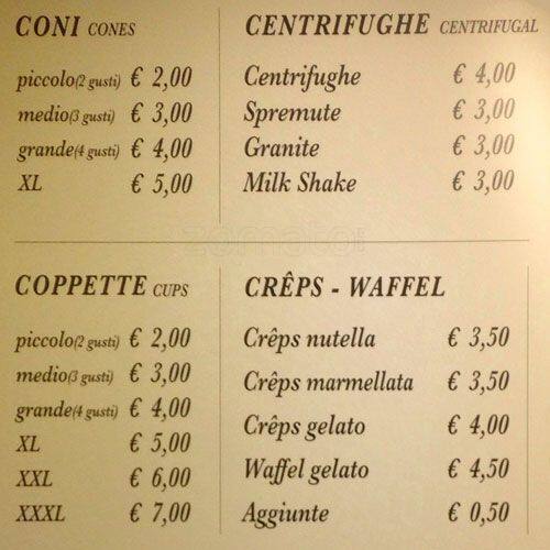 Menu di Marlene’s Gelato kosher 