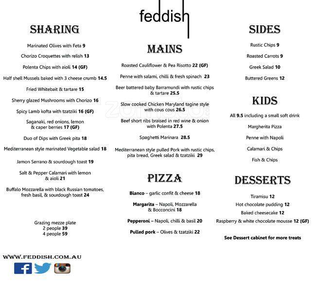 Feddish Menu, Menu for Feddish, Flinders Street, CBD, Melbourne