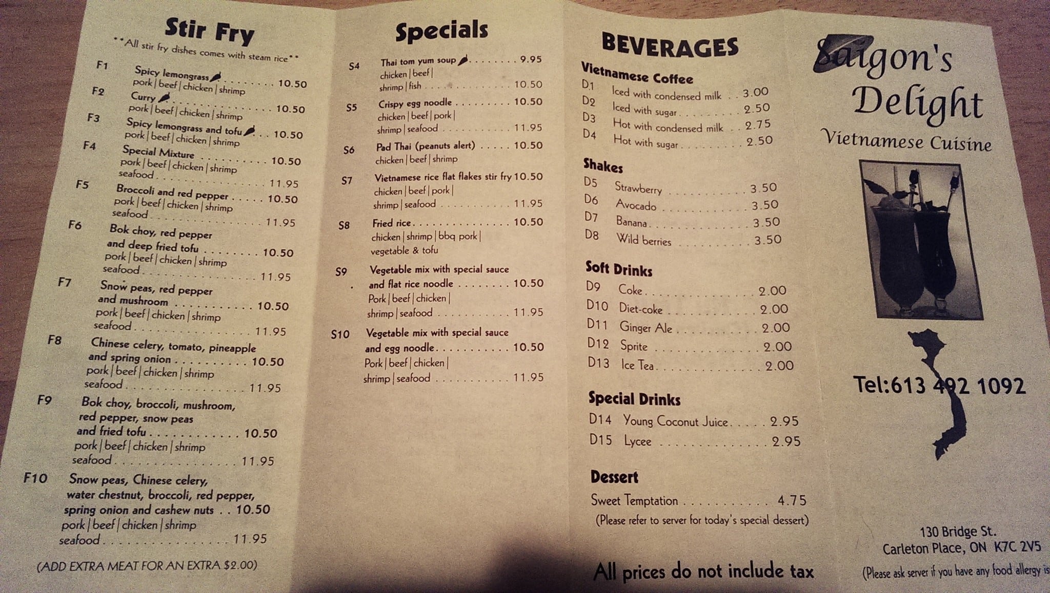 Menu au Saigon's Delight restaurant, Carleton Place