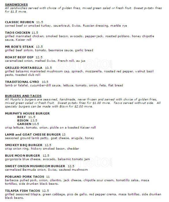 Murphy's меню
