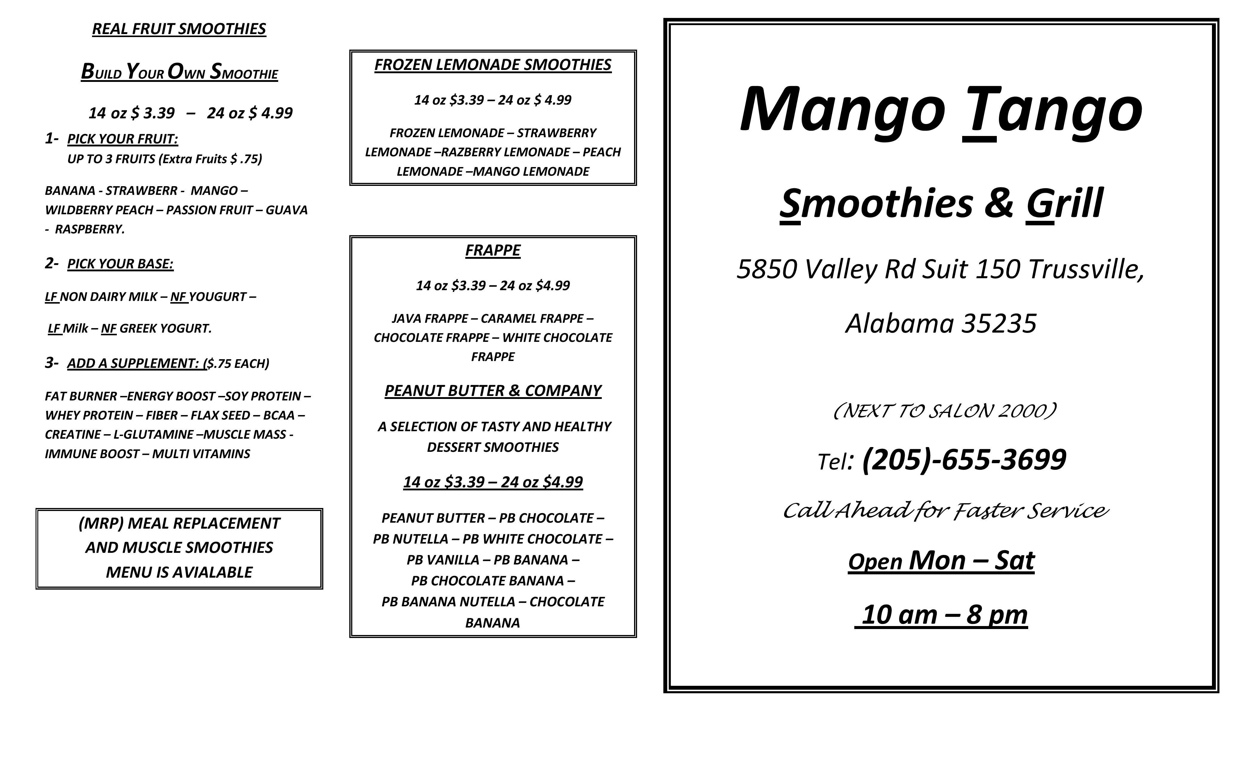 Menu at Mango Tango Smoothies and Grill pub & bar, Trussville, Valley Rd