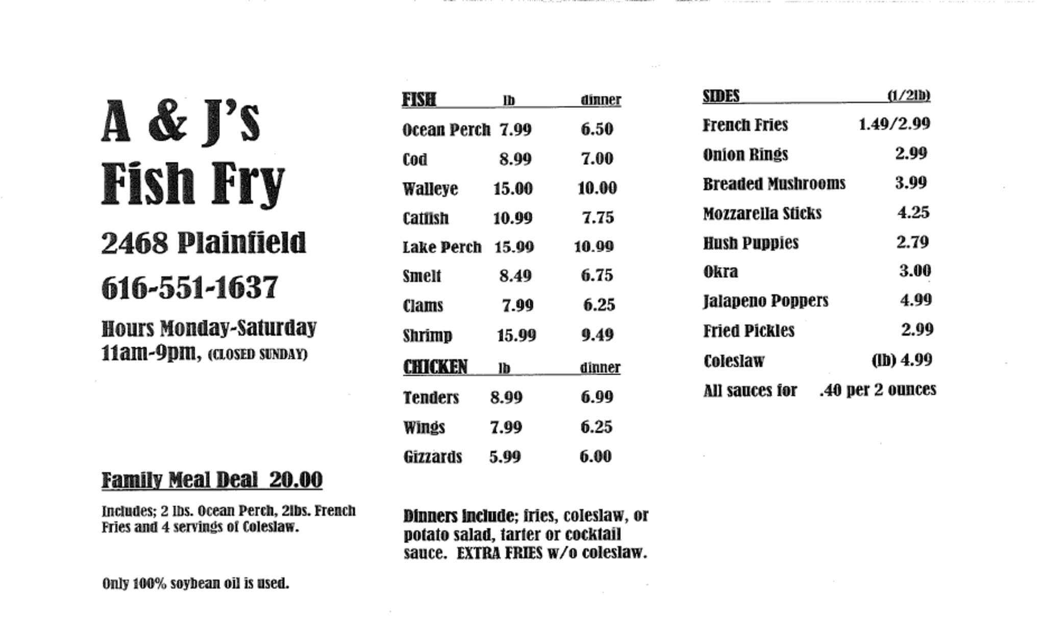 Menu at Sanitary Fish & Marketplace restaurant, Grand Rapids