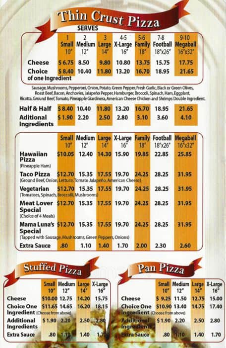 Menu at Mama Luna's pizzeria, Chicago, W Addison St