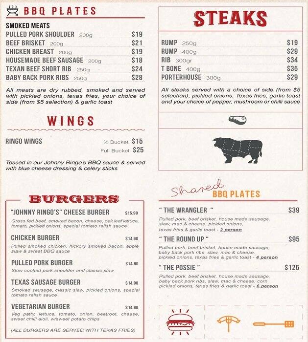Menu at Johnny Ringo's restaurant, Brisbane City