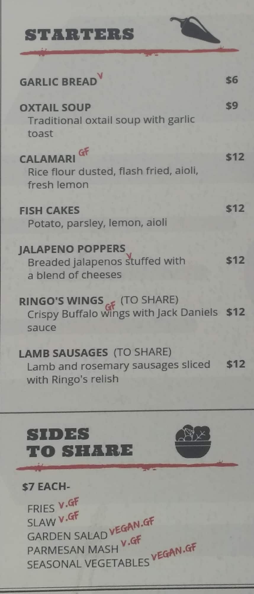 Menu at Johnny Ringo's steakhouse, Brisbane City