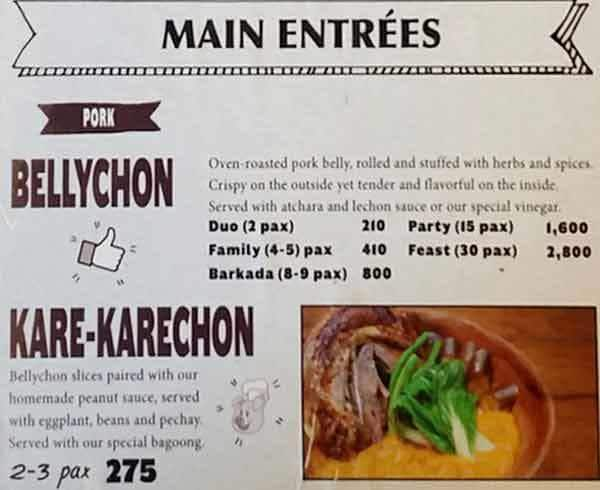 Belly Good Boneless Lechon, Maybunga Menu