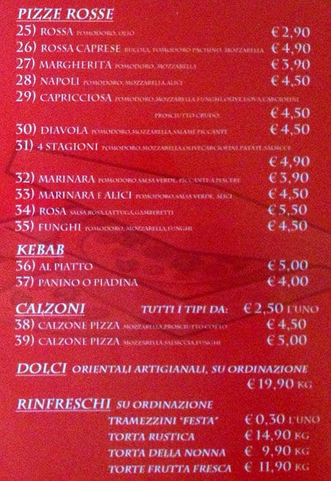 Menu di Pizzeria Mar Rosso Roma 