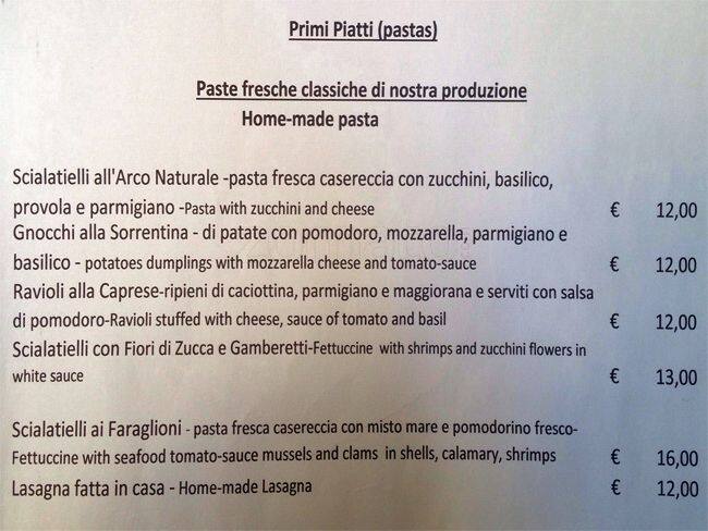 Menu di Ristorante Pizzeria ambasciata di Capri 