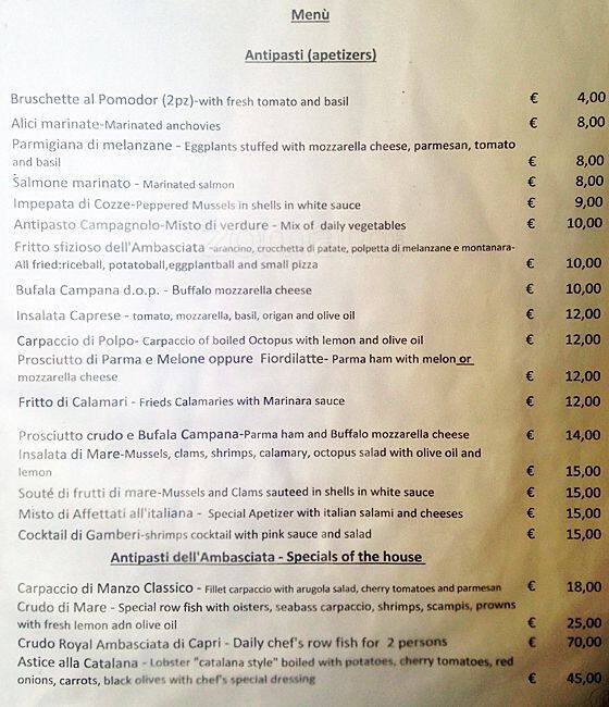 Menu di Ristorante Pizzeria ambasciata di Capri 