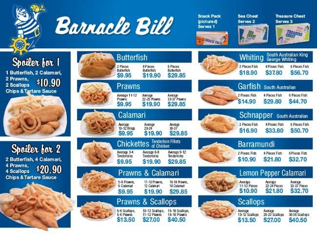 Barnacle Bill Menu, Menu For Barnacle Bill, Golden Grove, Adelaide ...