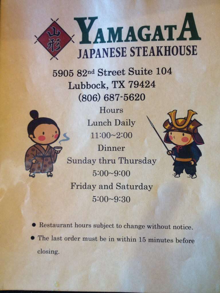 Menu at Yamagata Japanese Steak House steakhouse, Lubbock