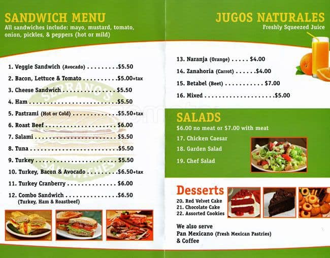 sandwich menu list