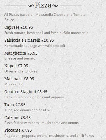 Menu at La Lanterna restaurant, Edinburgh